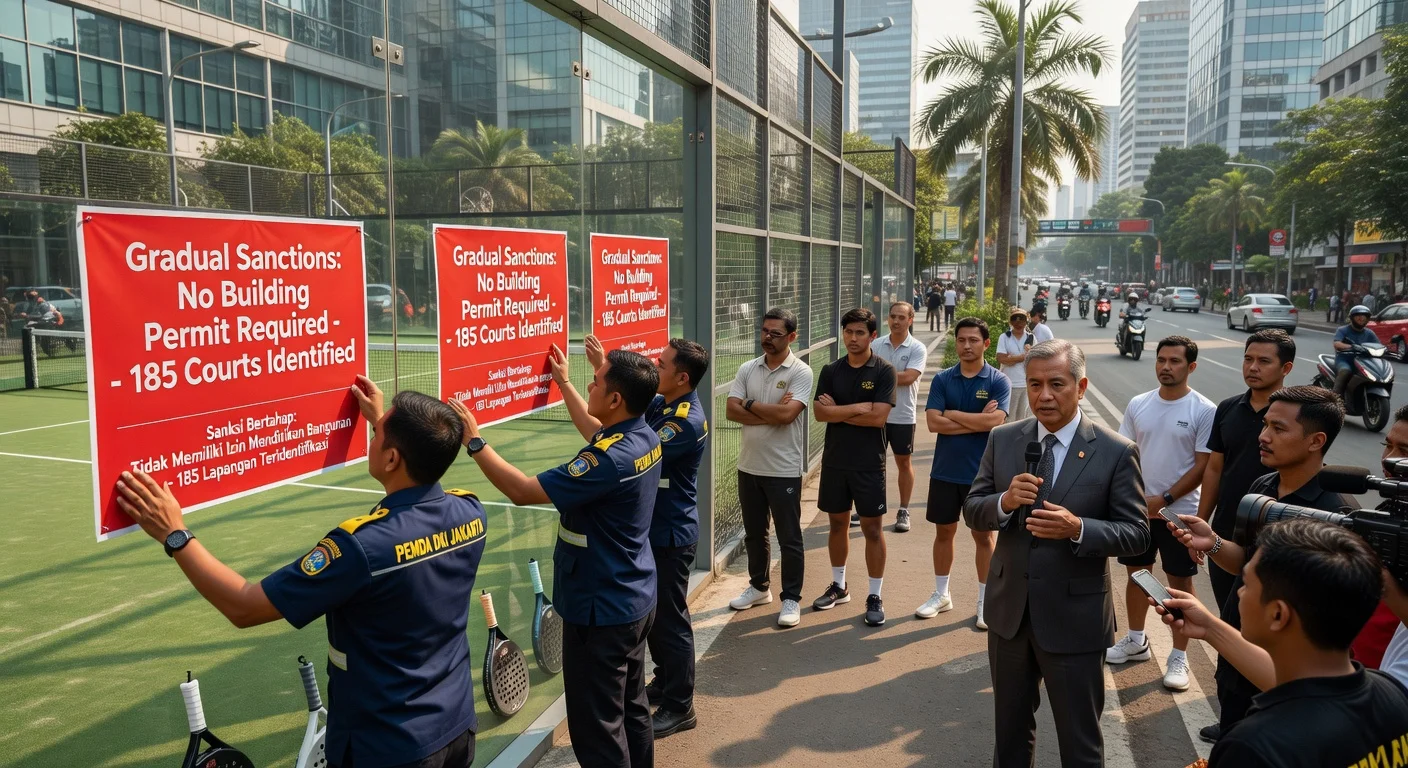Jakarta officials imposing sanctions on an unpermitted padel court, with Governor Pramono Anung addressing the media amid urban bustle.