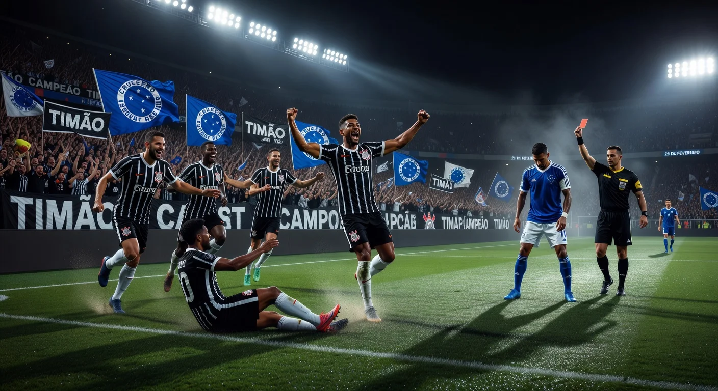 Dramatic night scene from Cruzeiro vs. Corinthians 1-1 Brasileirão draw at Mineirão, showing equalizer celebration and red card tension.