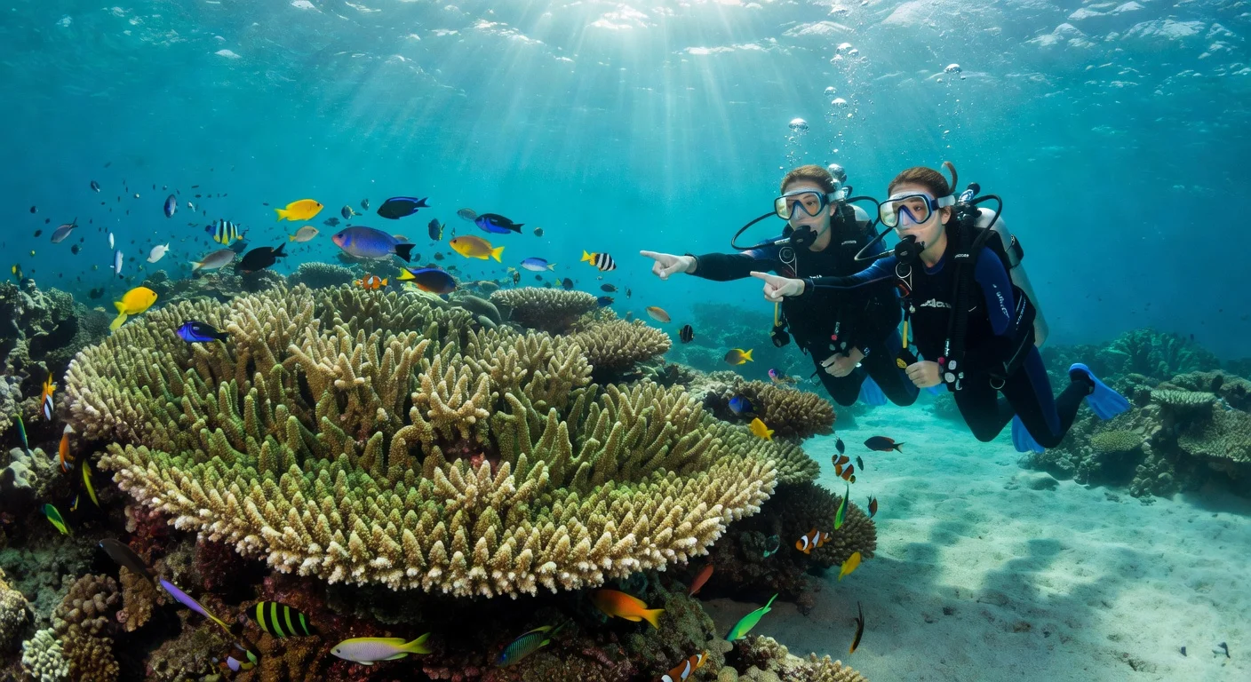 Underwater view of mother and daughter divers discovering the massive Pavona clavus coral colony, the largest on the Great Barrier Reef.