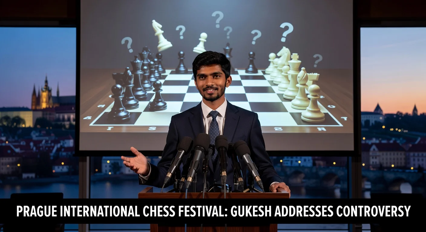 D Gukesh confidently addressing chess cheating controversy at Prague press conference, chessboard and city skyline in background.