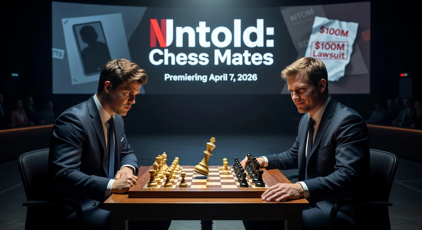 Dramatic illustration of Magnus Carlsen and Hans Niemann in tense chess match amid Netflix 'Chess Mates' documentary announcement.