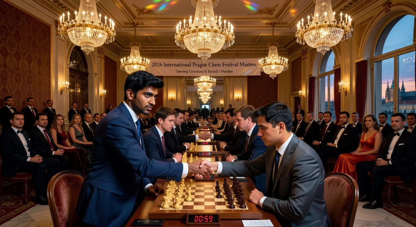 Realistic photo of World Champion Gukesh D and top grandmasters at the Prague Chess Festival 2026 opening in Prague's Don Giovanni Hotel.