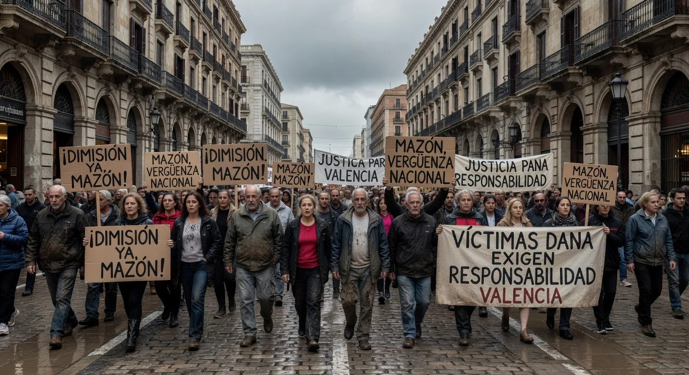 Protesters marching in Valencia to demand Mazón's resignation over DANA floods.