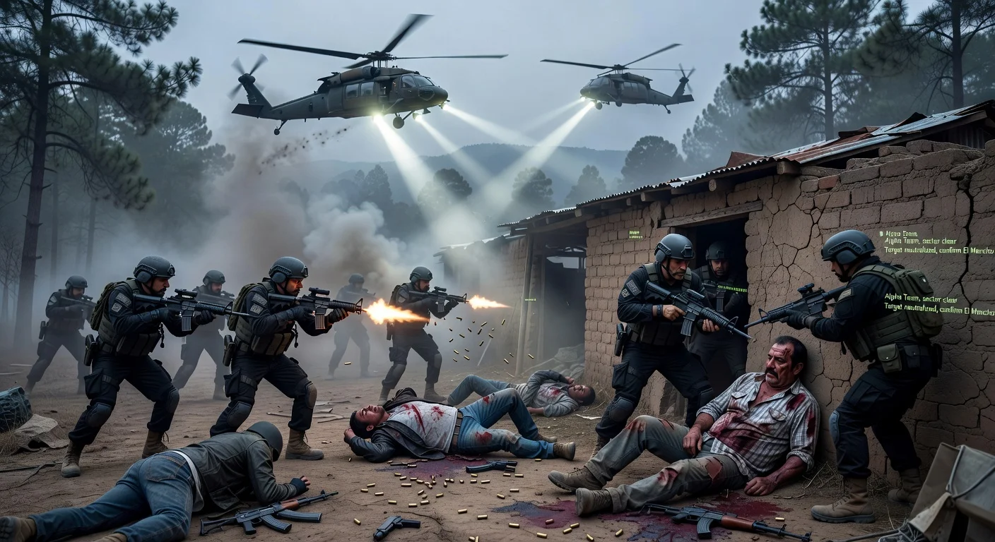 Dramatic illustration depicting the military operation in Tapalpa, Jalisco, where CJNG leader El Mencho was killed, showing soldiers confronting cartel members amid intense firefight.