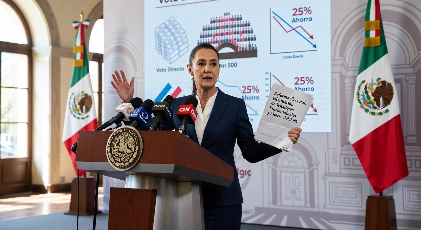 President Claudia Sheinbaum presents electoral reform proposal to eliminate plurinominal senators and cut election costs at a Mexico City press conference.