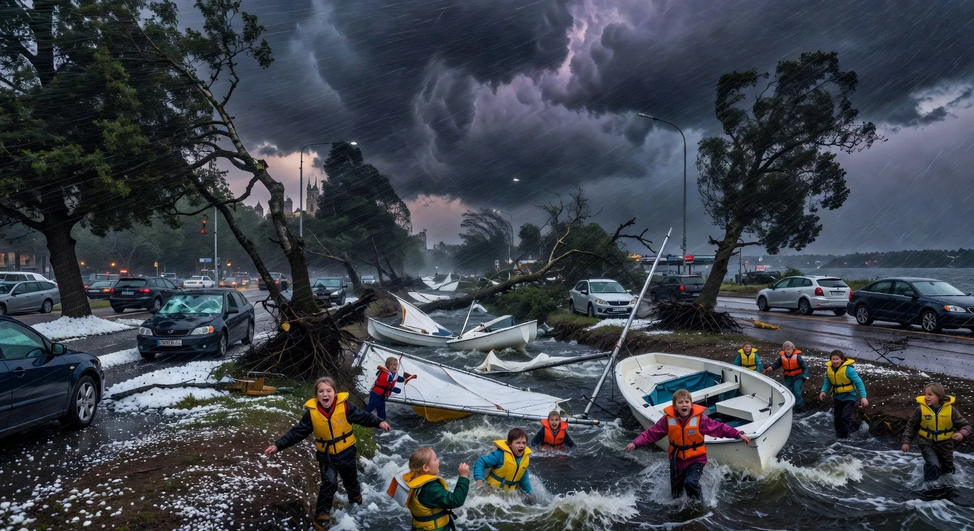 A chaotic scene from a storm in Stockholm showing fallen trees, damaged cars, and sailing accidents with children in water.