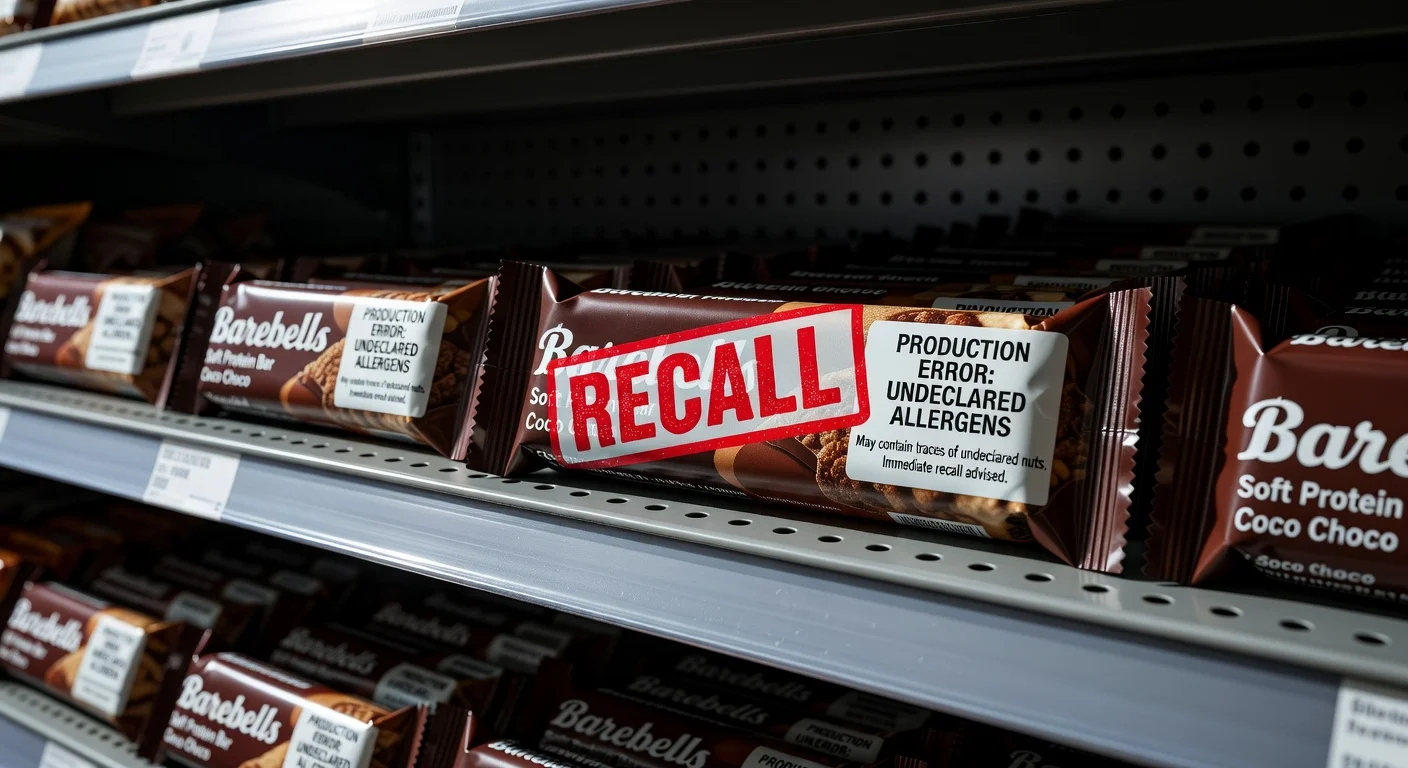 A recalled Barebells protein bar package with a recall notice on a store shelf