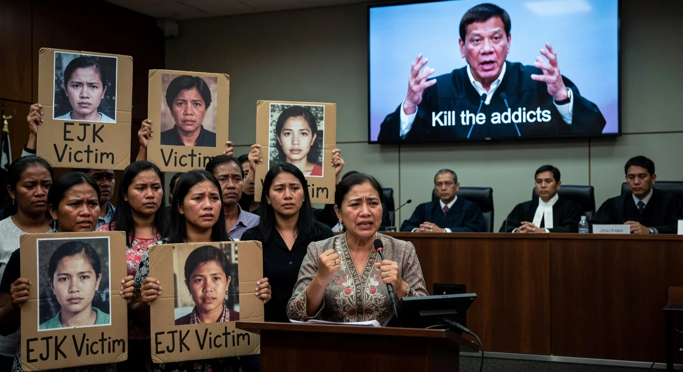 Families of extrajudicial killing victims testify at ICC hearing, linking Duterte's words to drug war deaths.