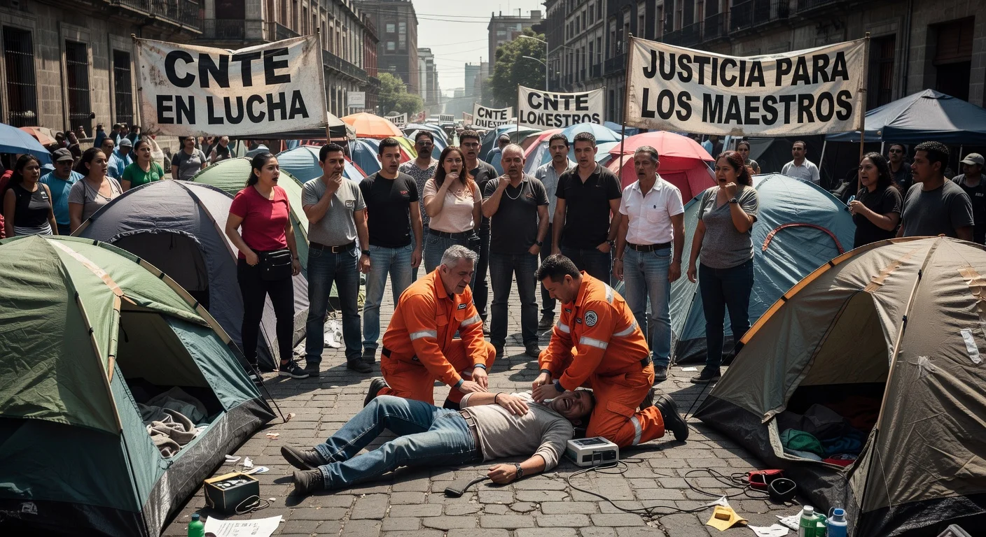 A photorealistic image showing a protest camp where a CNTE teacher suffered a fatal heart attack, with tents and emergency responders on a city street.