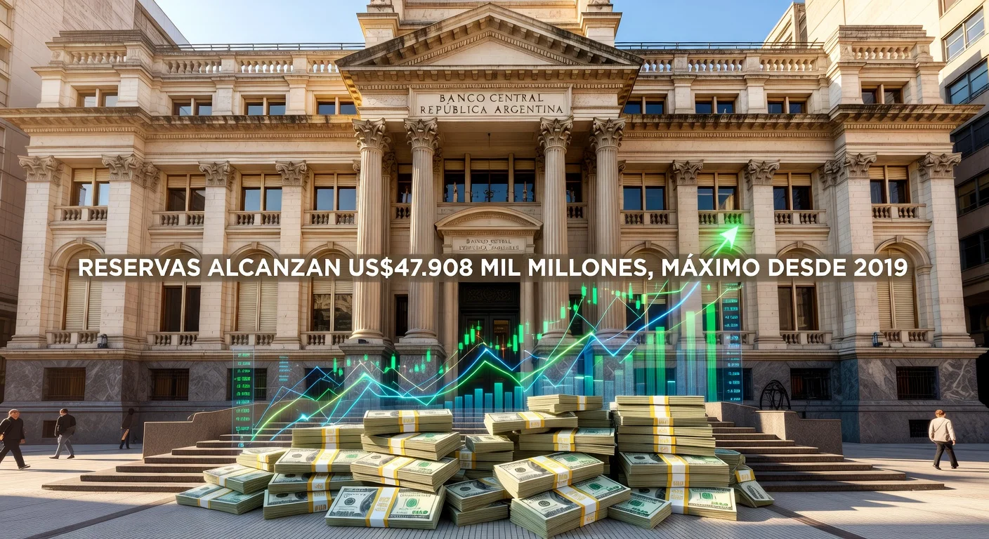 Illustration of Argentina's Central Bank building with US dollar bills and rising reserve charts
