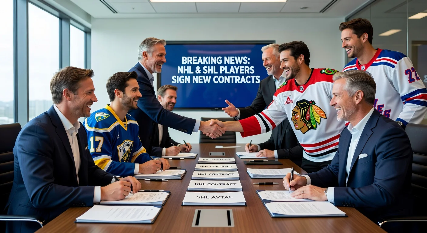 Photorealistic illustration of NHL and SHL hockey players signing new contracts in a professional office setting.