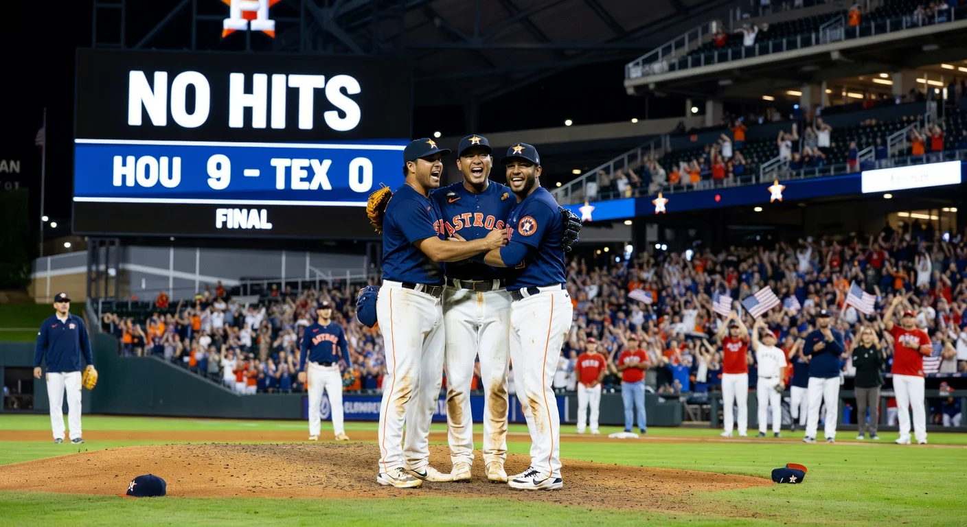 Houston Astros pitchers celebrating combined no-hitter against Rangers at Globe Life Field