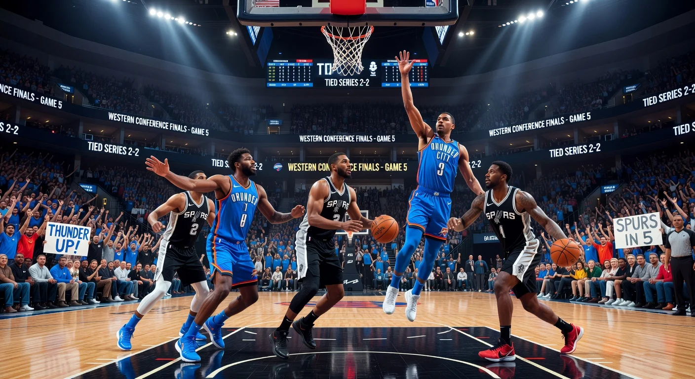 Illustration of Spurs vs Thunder Game 5 basketball matchup at Paycom Center