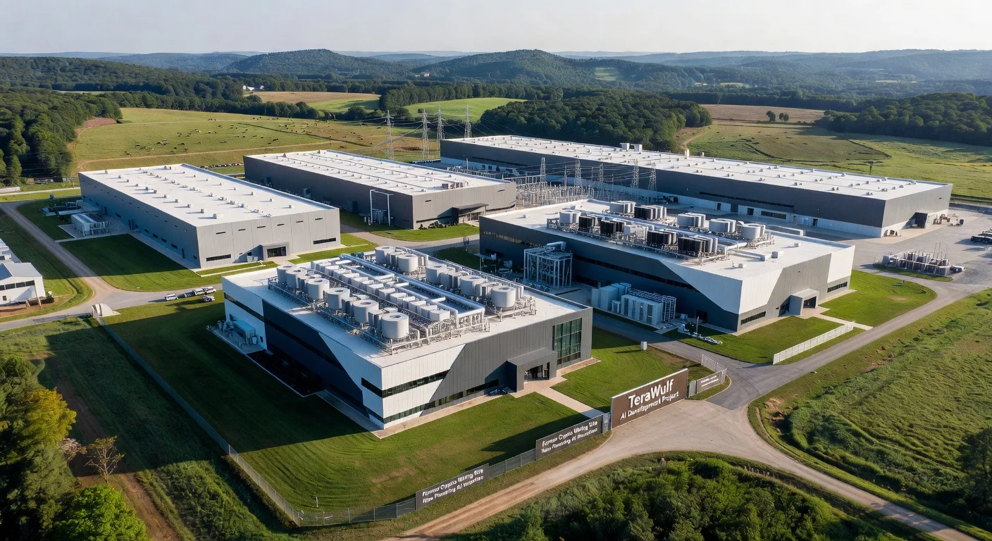 Aerial view of TeraWulf's Kentucky AI data center site showcasing modern facilities in a rural setting.
