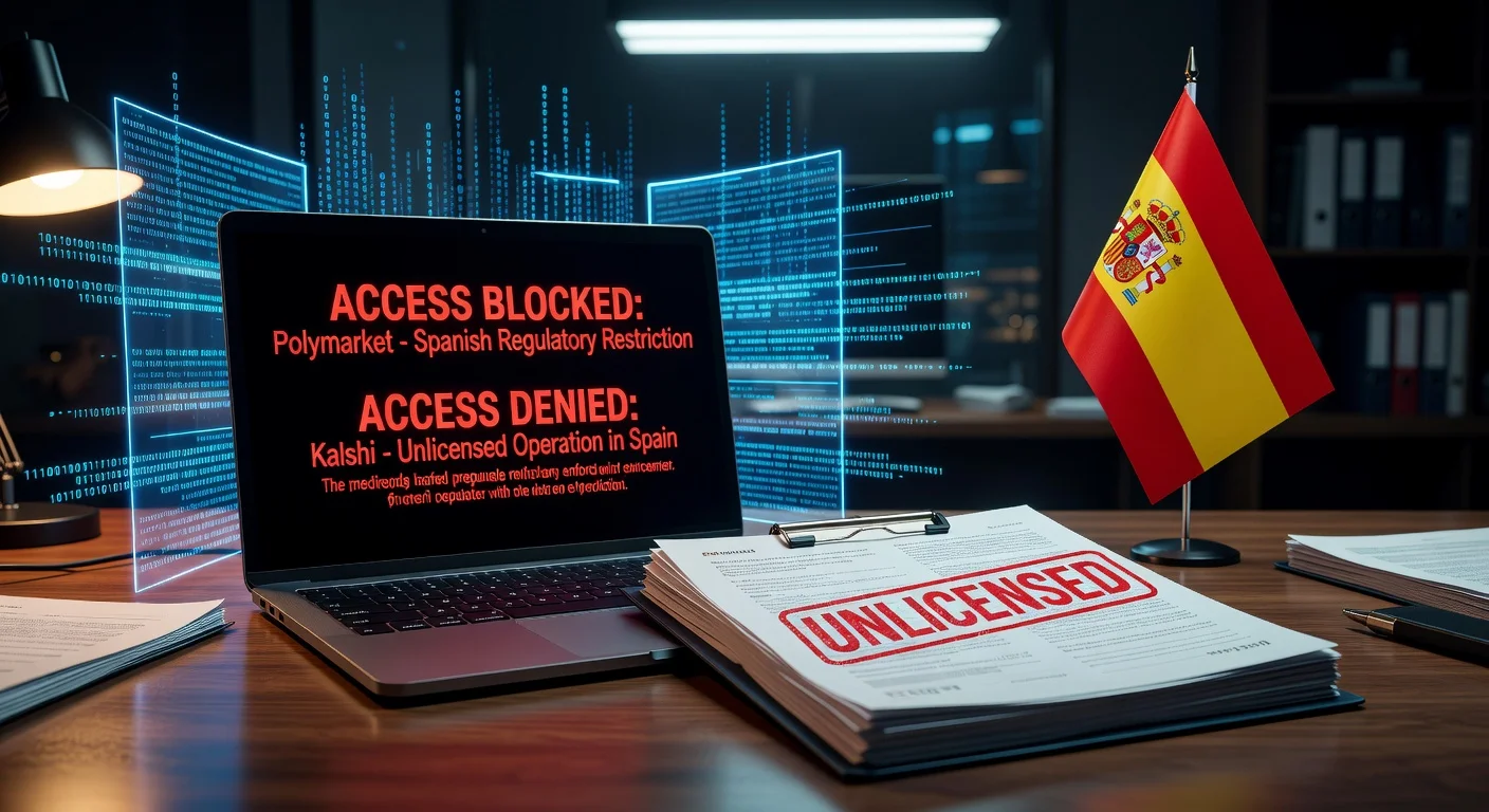 Illustration of Spain blocking access to Polymarket and Kalshi prediction markets due to gambling regulations, featuring a blocked website on a screen with Spanish elements.