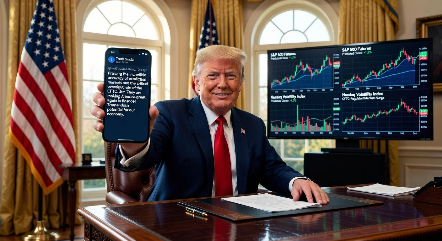 Donald Trump viewing a Truth Social post on prediction markets and CFTC authority in the Oval Office.