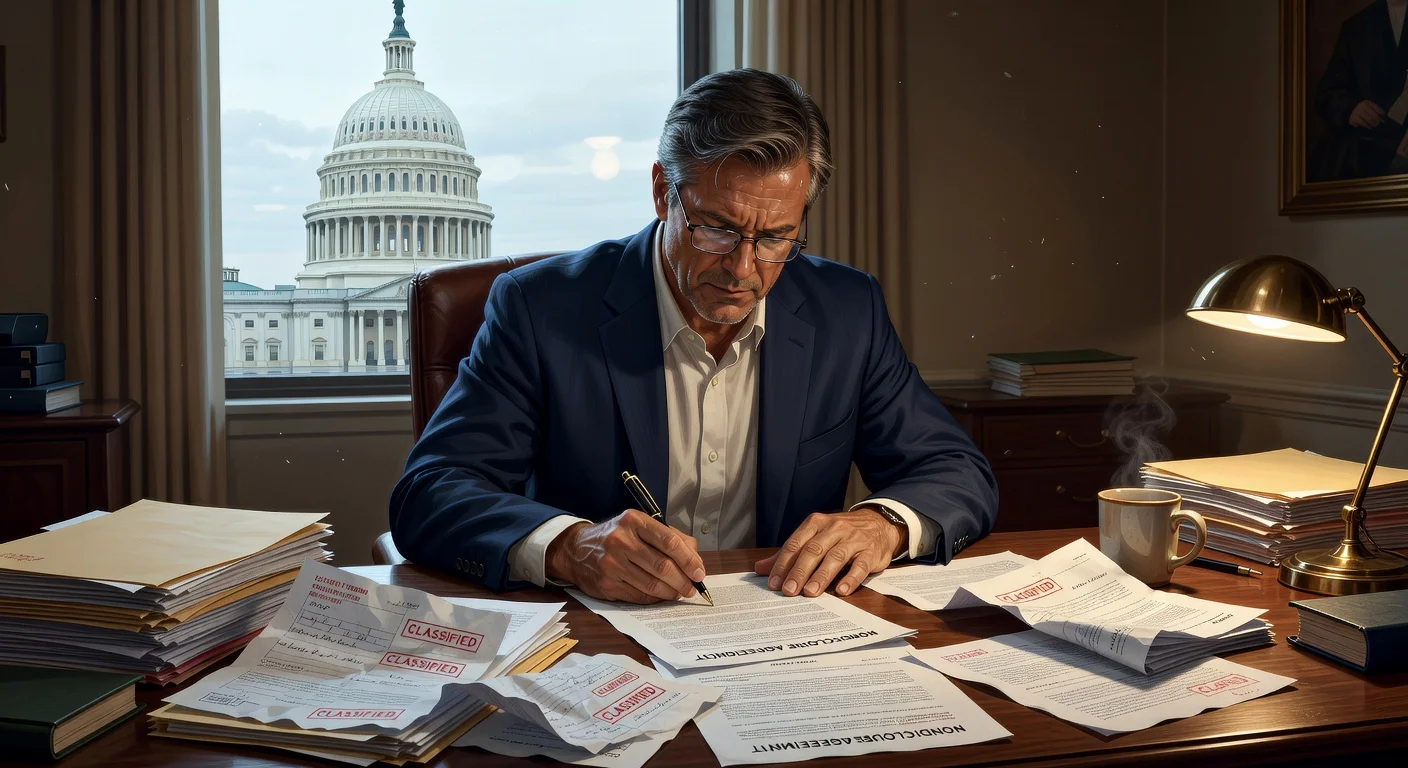 Illustration of a federal worker signing an NDA in an office with the Capitol in view, representing the Trump administration's efforts to prevent leaks.