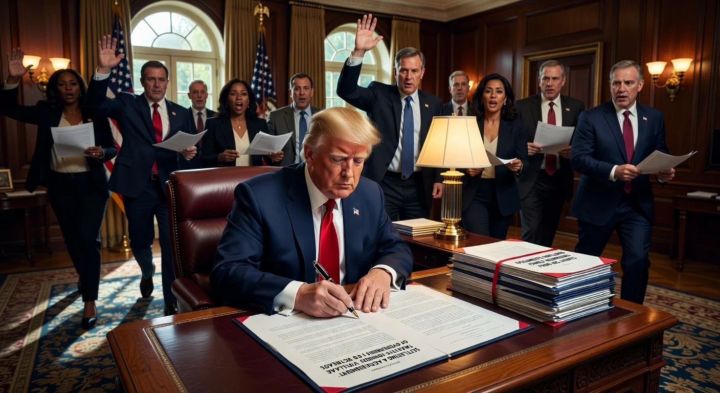 Illustration of President Trump signing a $1.8B settlement in the Oval Office with lawmakers protesting in the background.