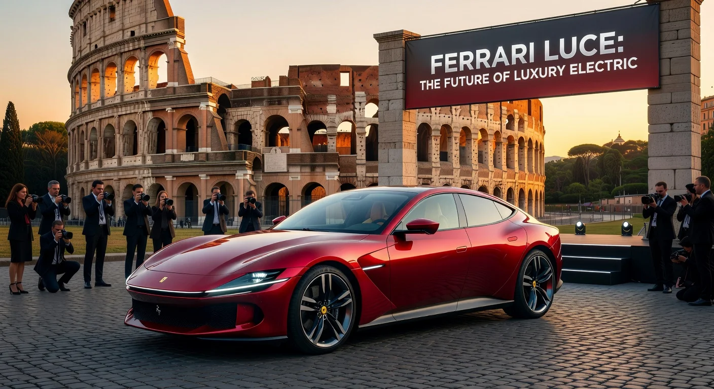 Ferrari Luce electric sedan parked in front of the Colosseum in Rome at sunset
