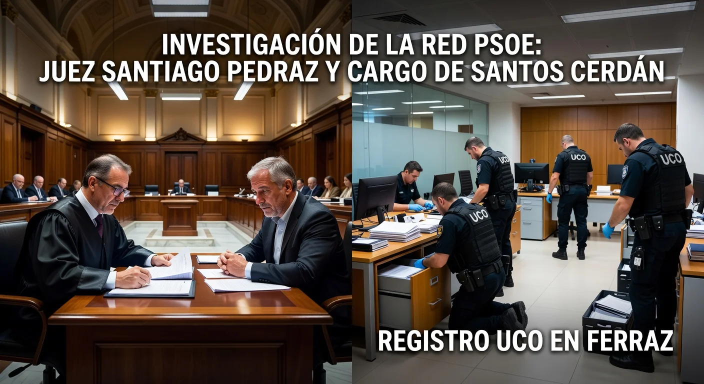 Judge Pedraz in courtroom with background of police raid on PSOE headquarters
