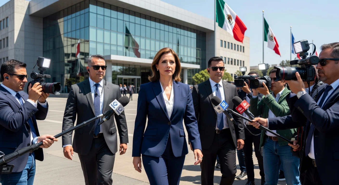 Maru Campos arriving at FGR offices in Mexico City, surrounded by reporters.