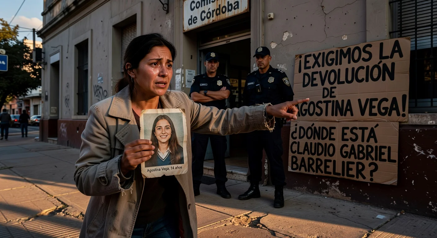 Distressed mother demanding return of her missing daughter from Cordoba detainee, news illustration.