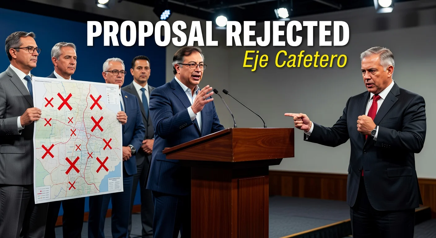 Illustration showing President Petro rejecting Odinsa's toll proposal, with a business leader criticizing the decision.