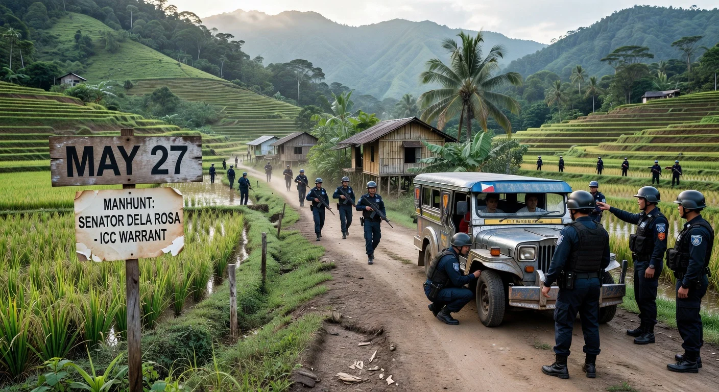Philippine police officers searching for Senator Bato dela Rosa in a Luzon manhunt operation.