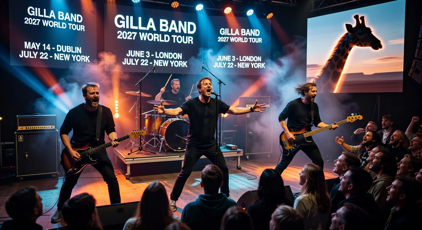 Vivid realistic illustration of Gilla Band performing with giraffe motif and tour banners