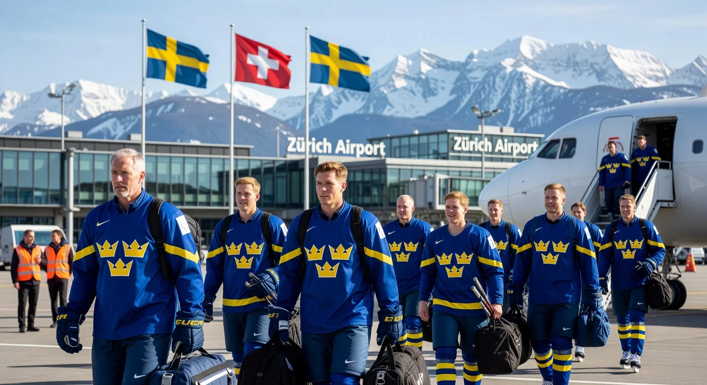 Swedish hockey team arriving in Zurich for world championship quarterfinal against Switzerland