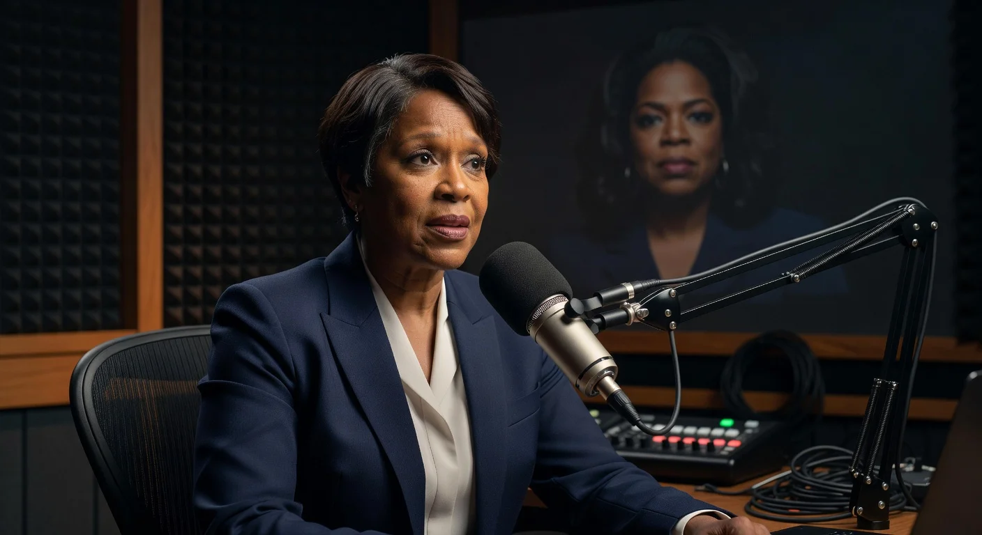 Illustration of Gayle King addressing romance rumors with Oprah Winfrey during a podcast interview.