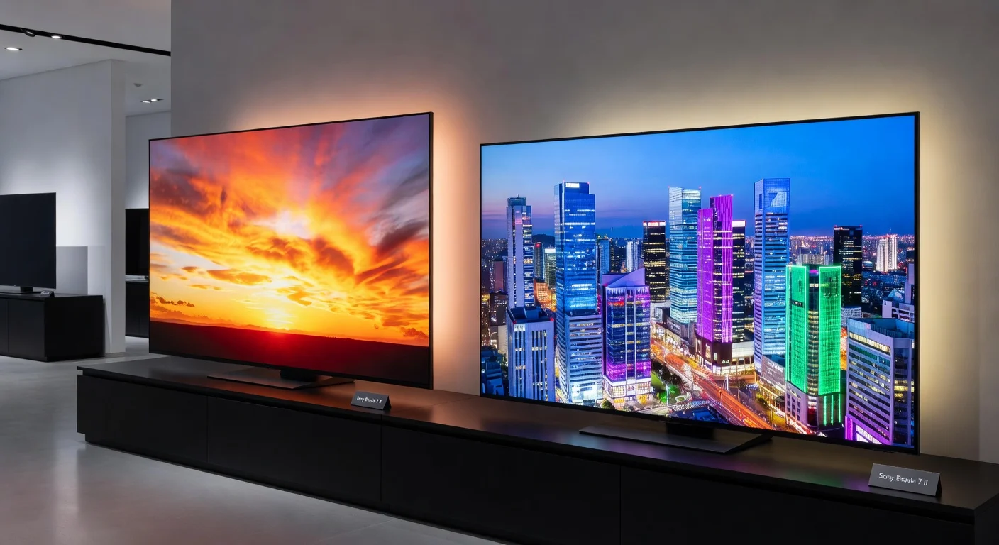 Two Sony Bravia RGB LED televisions showcasing vibrant colors in a modern showroom setting.