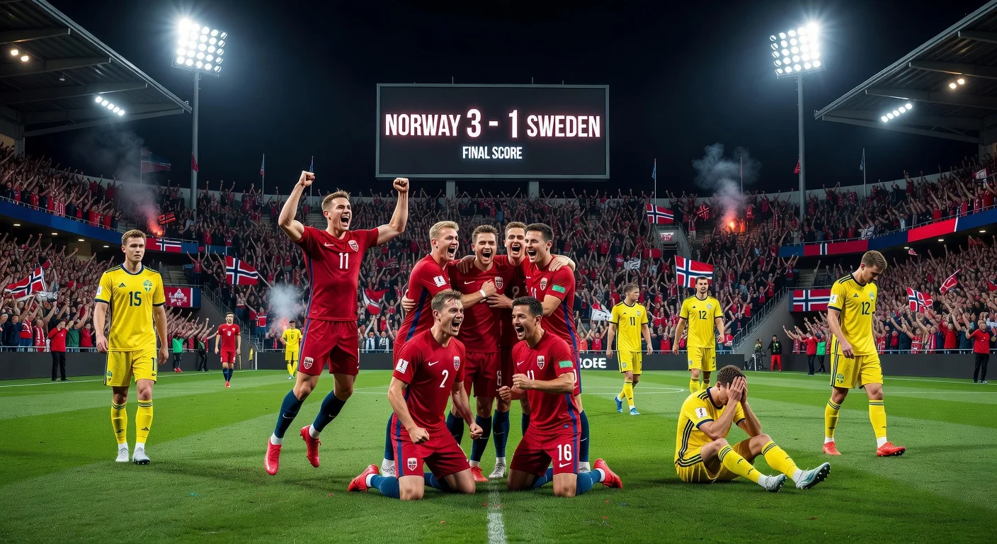 Norway defeats Sweden 3-1 in a soccer match at Ullevål stadium, with celebrating and dejected players on the field.