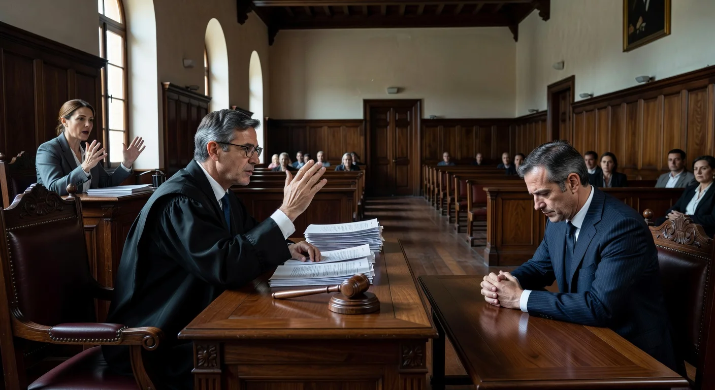 Illustration of a courtroom in Badajoz where a judge clears David Sánchez of one charge due to prescription.