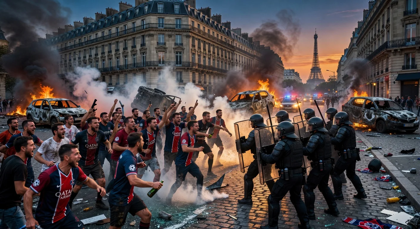 Riots in Paris after PSG football victory showing crowds clashing with police amid burning cars and smoke