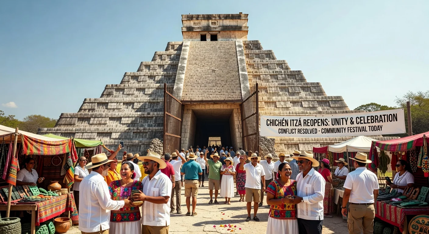 Image of Chichén Itzá pyramid with open gates and people celebrating the reopening after artisan conflict.