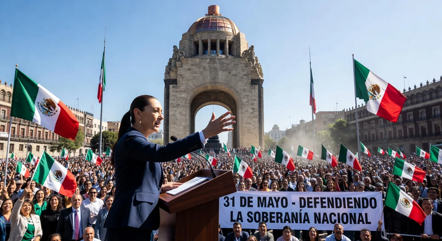 President Claudia Sheinbaum speaking at a large event at the Monumento a la Revolución, defending national sovereignty.
