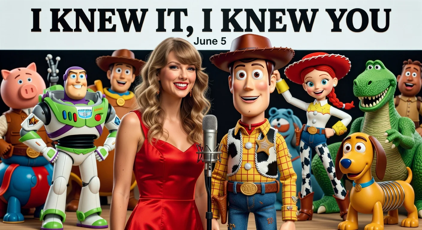 Illustration of Taylor Swift and Woody from Toy Story announcing a new song for Toy Story 5