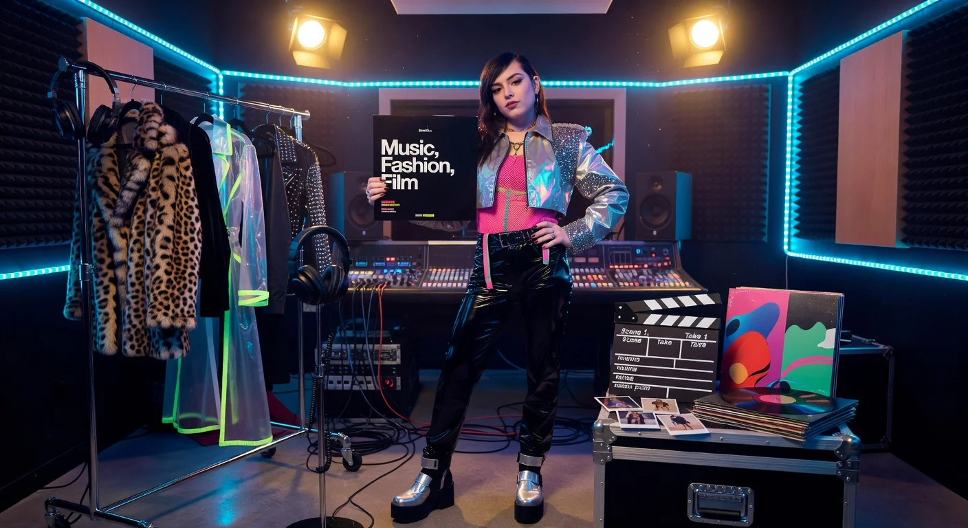 Charli XCX posing with her new album 'Music, Fashion, Film' in a studio setting with music, fashion, and film motifs.
