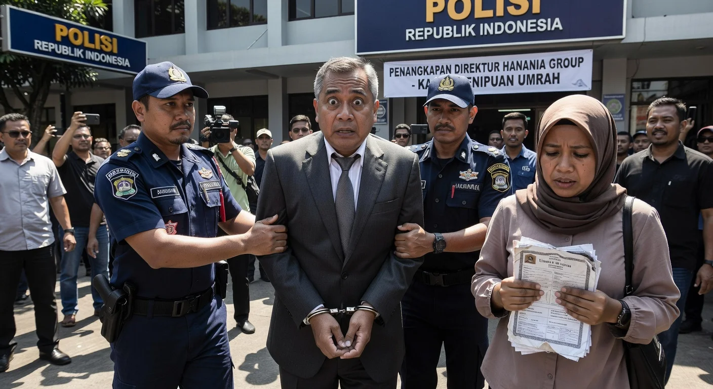 Police detaining a man suspected of umrah fraud, with a disappointed victim in the background.