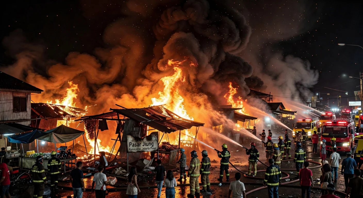 Firefighters battling a blaze at Pasar Jiung market in Kemayoran at night.