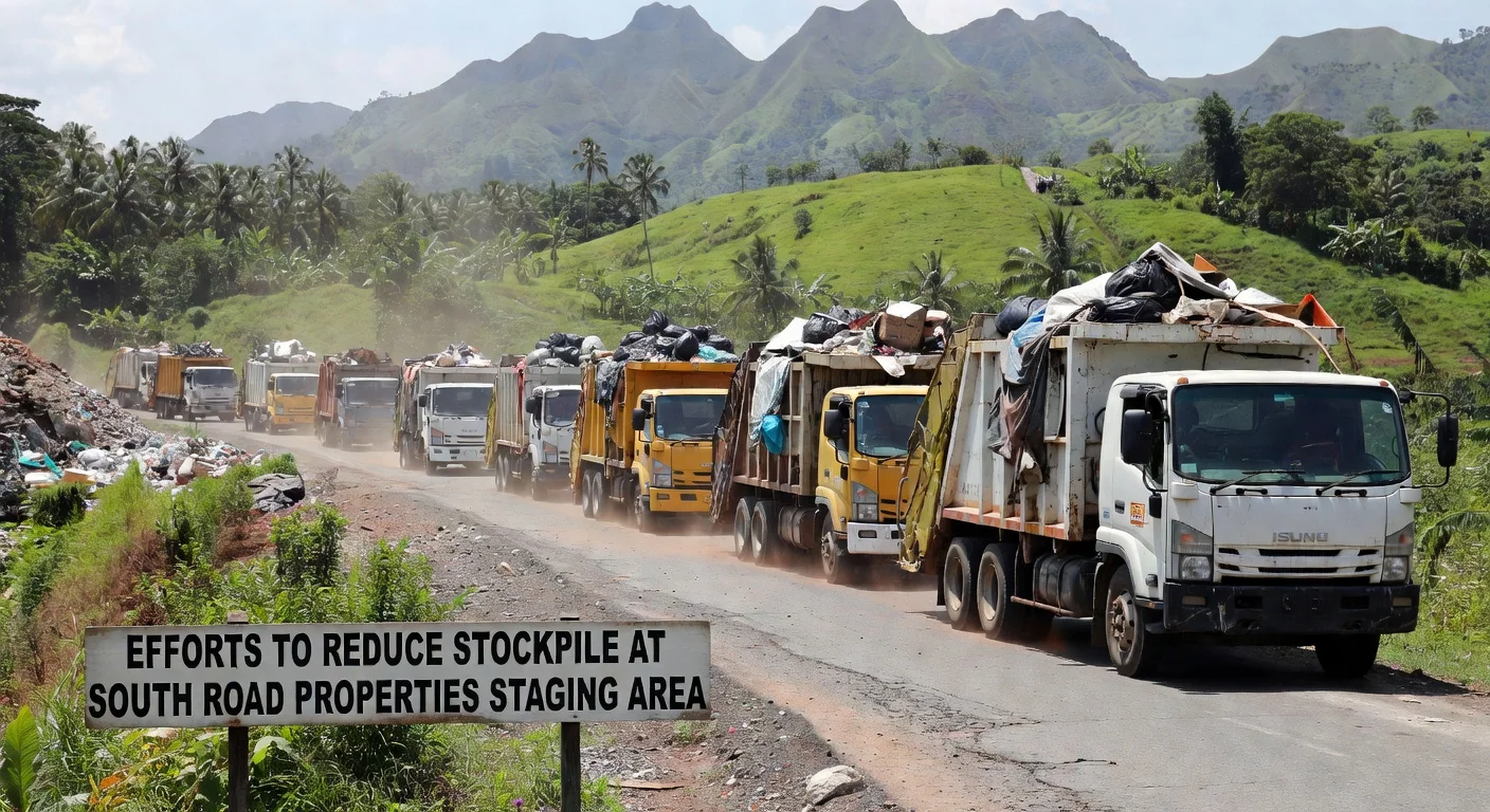 Convoy of garbage trucks transporting waste to Aloguinsan landfill from Cebu City on a rural road.