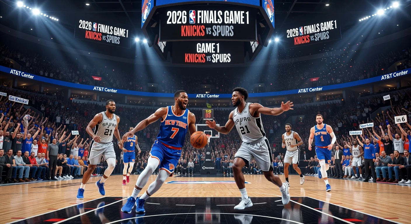 Illustration of Knicks vs Spurs in 2026 NBA Finals at San Antonio arena