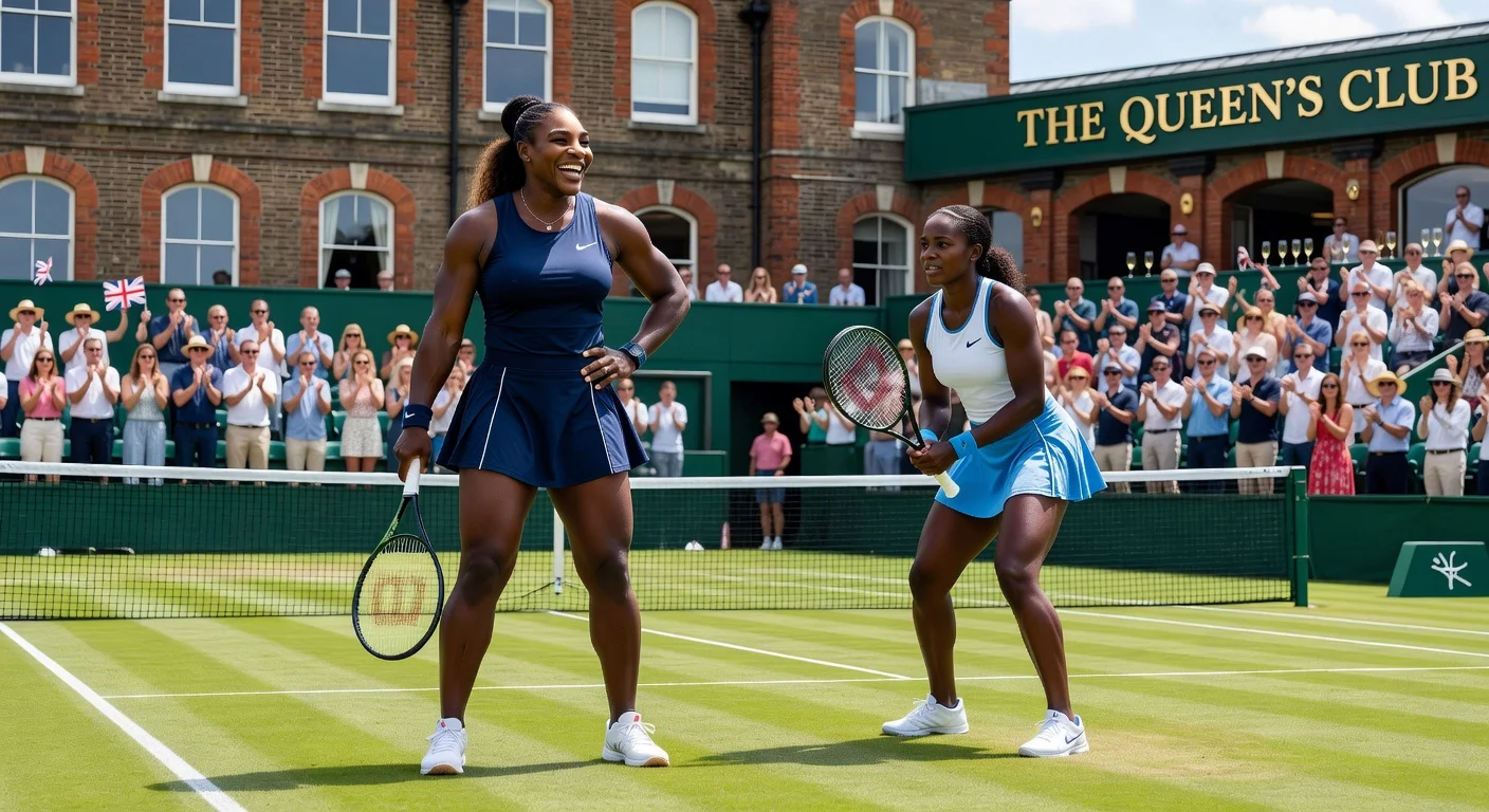 Serena Williams and Victoria Mboko on a grass tennis court at Queen's Club under sunny skies.
