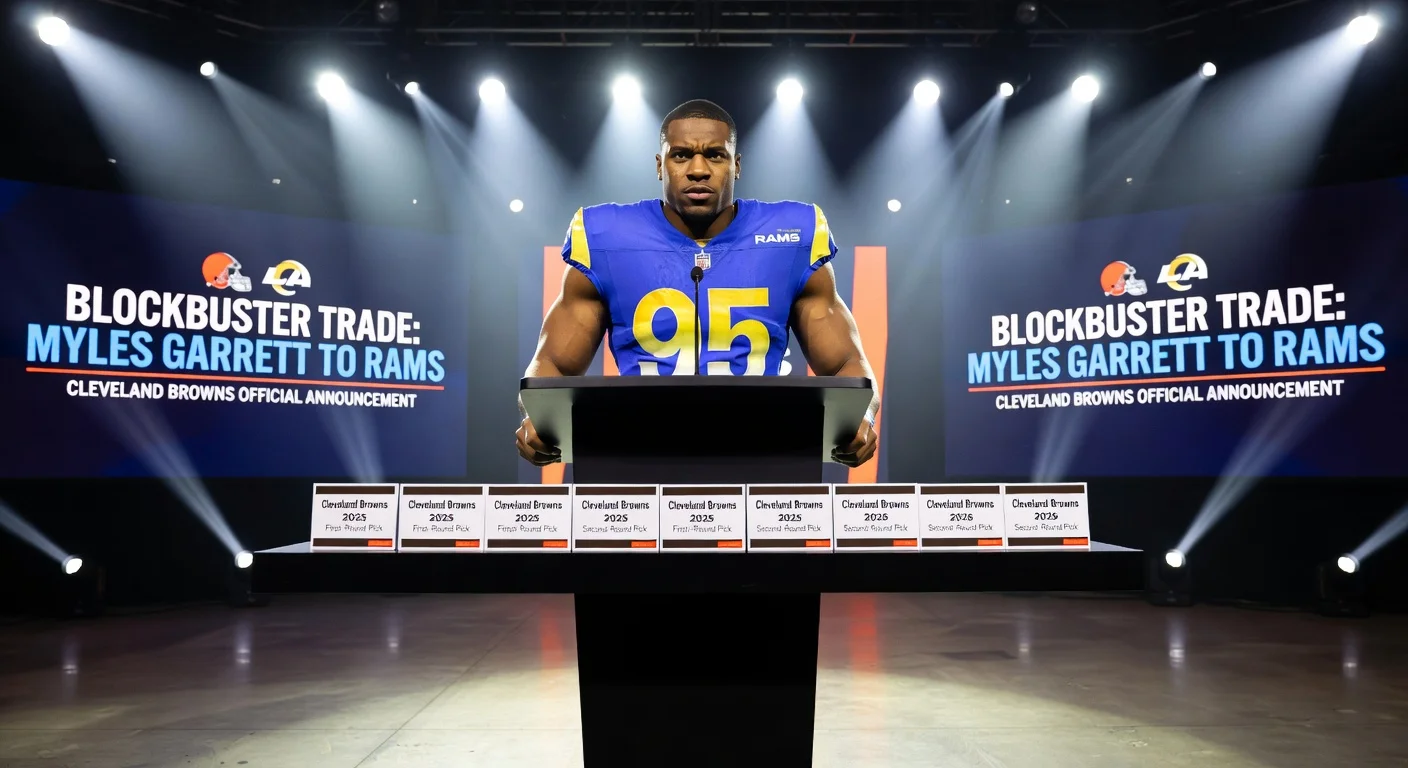 Myles Garrett in Rams jersey at trade announcement podium with Browns elements in background