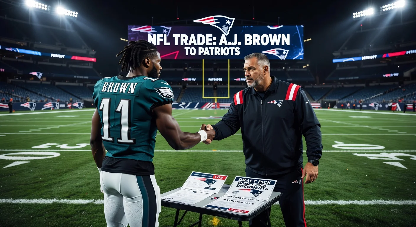 Illustration of A.J. Brown traded from Eagles to Patriots, shaking hands with coach Mike Vrabel on a football field.