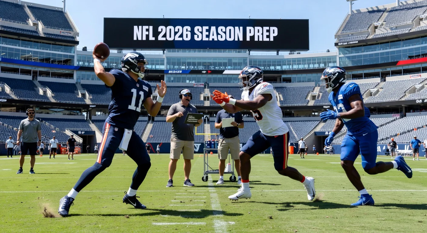Illustration of NFL teams preparing for the 2026 season on a practice field.