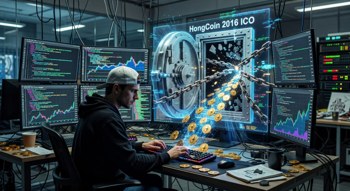 White-hat hacker unlocking trapped Ethereum from 2016 HongCoin ICO on a computer screen