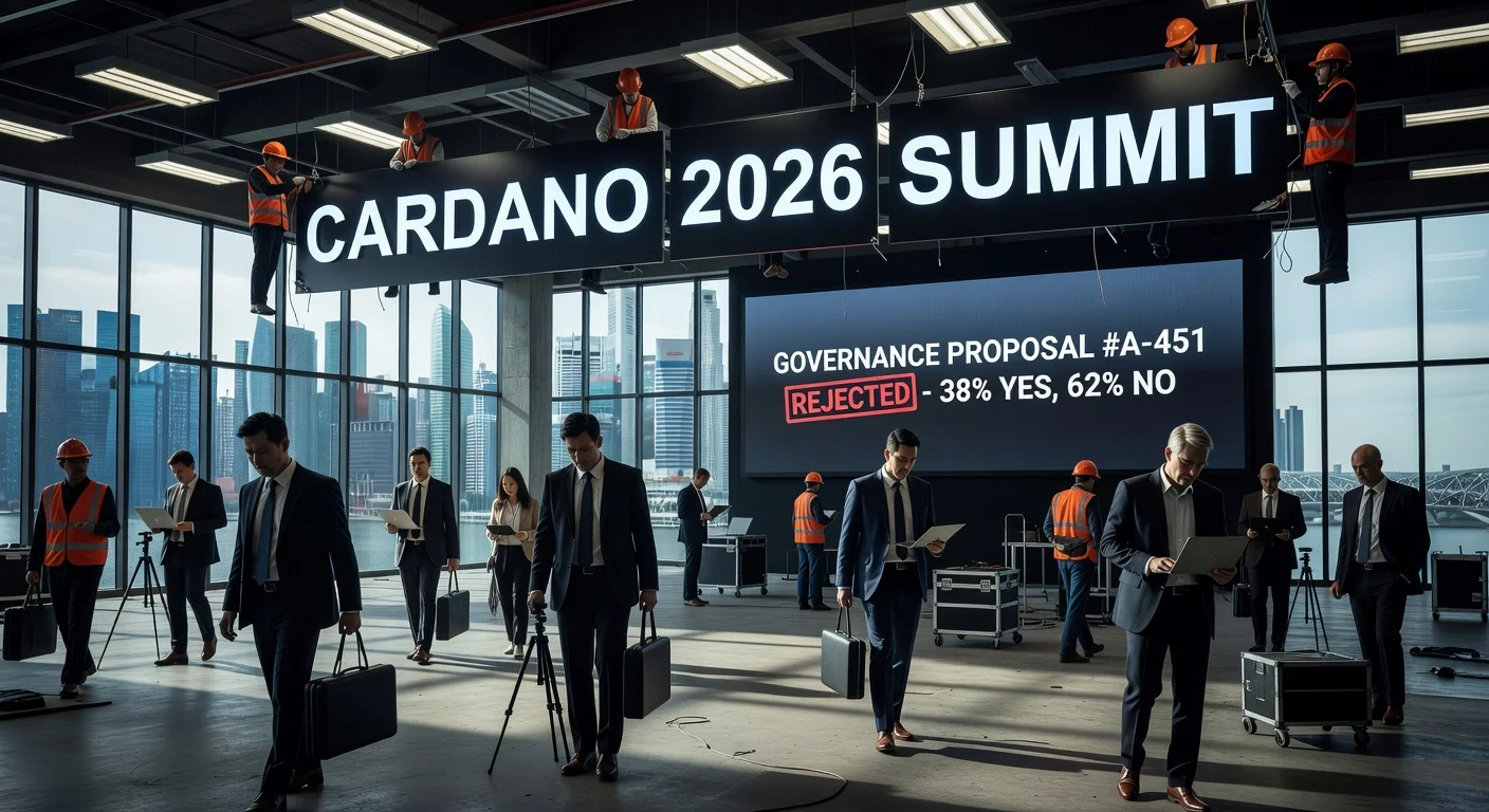 An empty conference hall in Singapore with signs of the canceled Cardano 2026 Summit, illustrating the failed governance vote.