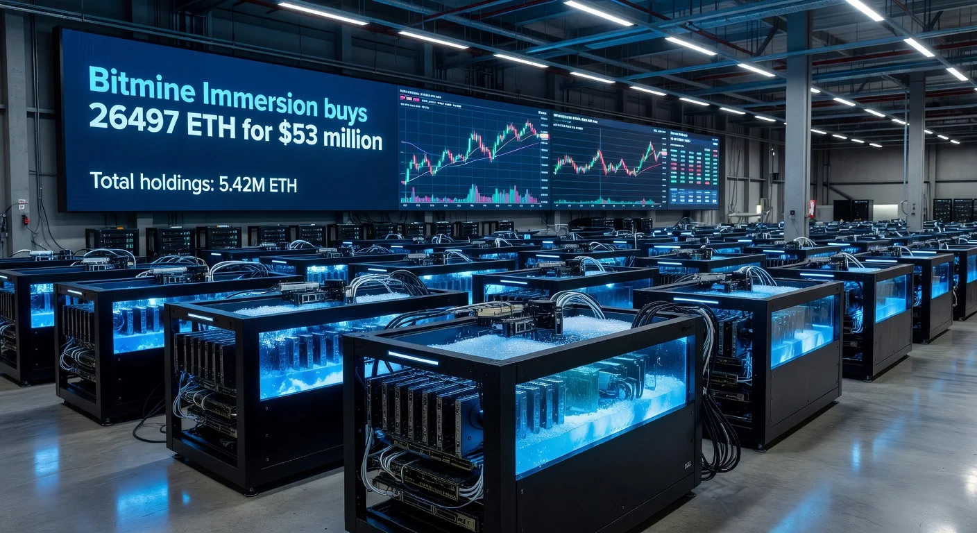 Realistic illustration of Bitmine's Ethereum acquisition in a mining facility with digital displays and charts